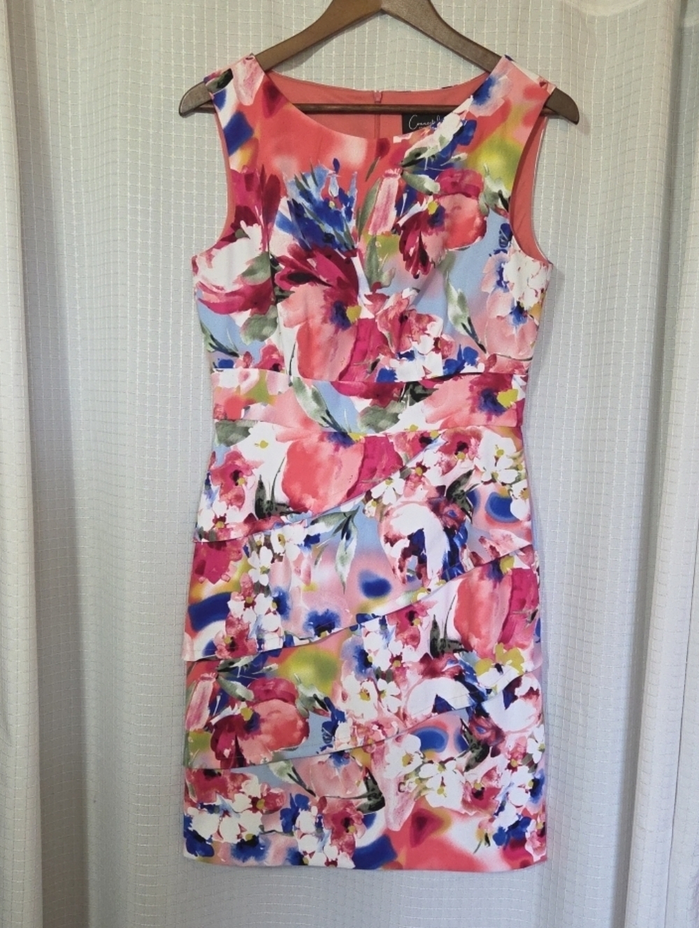 Connected Apparel Women's Sleeveless Pink Floral V-Neck Dress Size 8 Lined